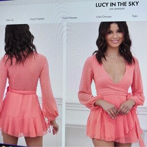 Dotted long sleeve wrap dress in coral